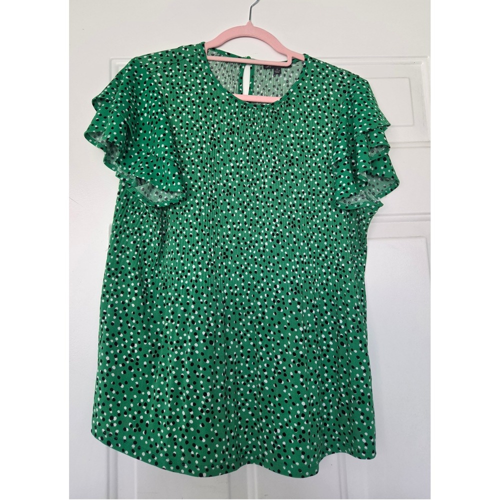 Adrianna Papell Green Polka Dot Pleated Ruffle Sleeve Blouse Size M